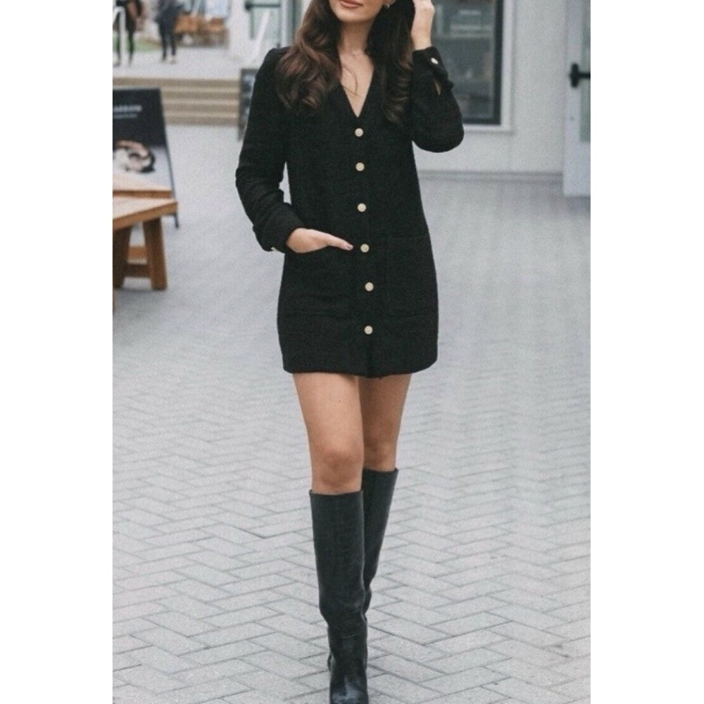 Zara Black Gold Button Front Mini Jacket Dress Size XS‎ Textured Tweed Cardigan